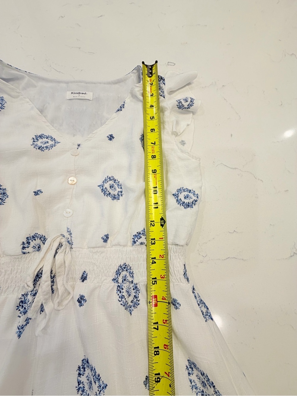 White & Blue Printed Midi Dress with Tie Waist - Picture 7 of 11
